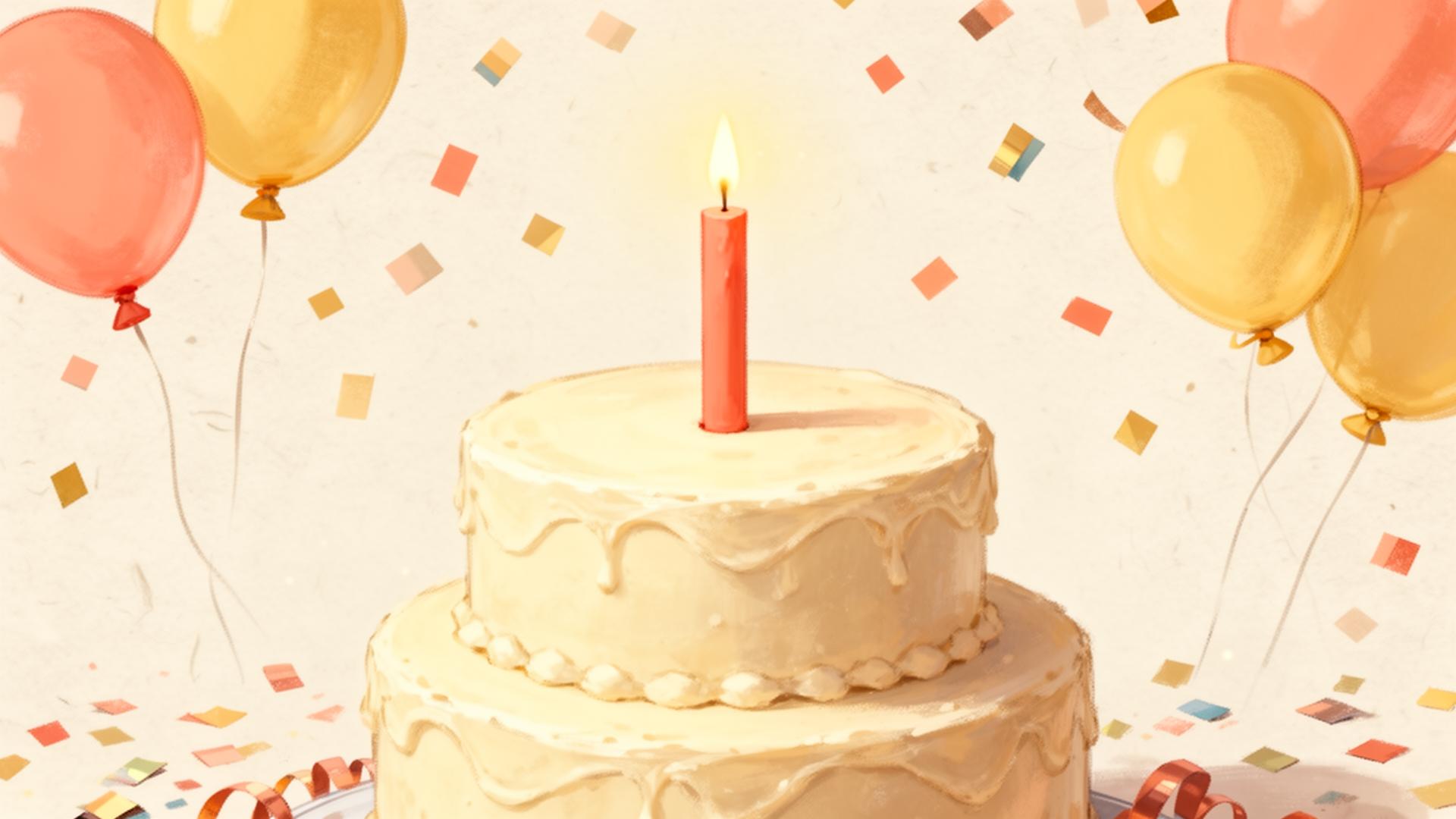 A cream birthday cake with a single coral candle, surrounded by balloons and confetti